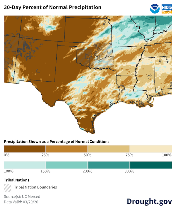 Drought.gov map showing 30-day percent of normal precipitation in the Southern Plains