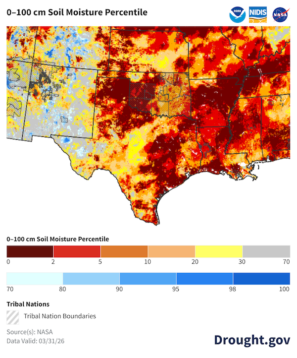 Drought.gov soil moisture percentile map for Texas, Oklahoma, and Kansas