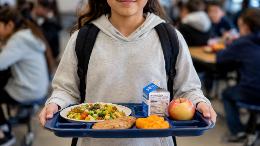 Student holding a healthy school lunch tray featuring fresh foods connected to regenerative agriculture and local farm-to-school programs.