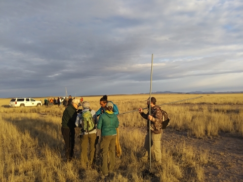 Researchers and volunteers preparing for desert grassland bird fieldwork at Mimms Ranch